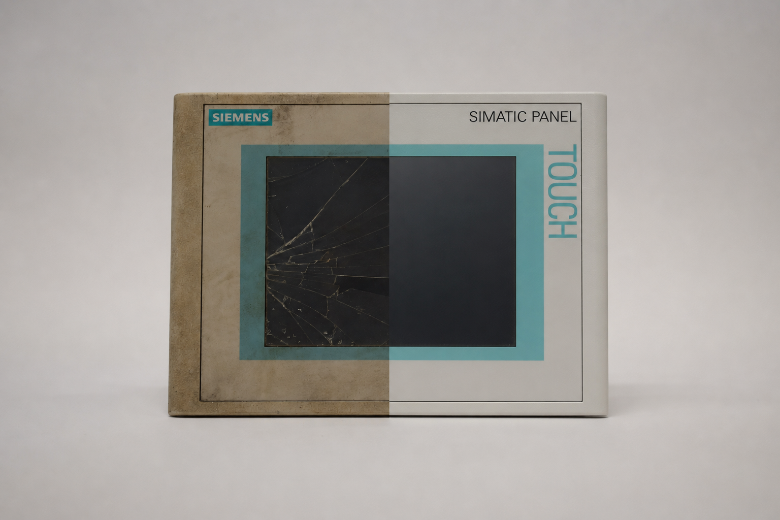 SIMATIC Touch Panel im direkten Vergleich: beschädigtes Display links, instandgesetzter Zustand rechts
